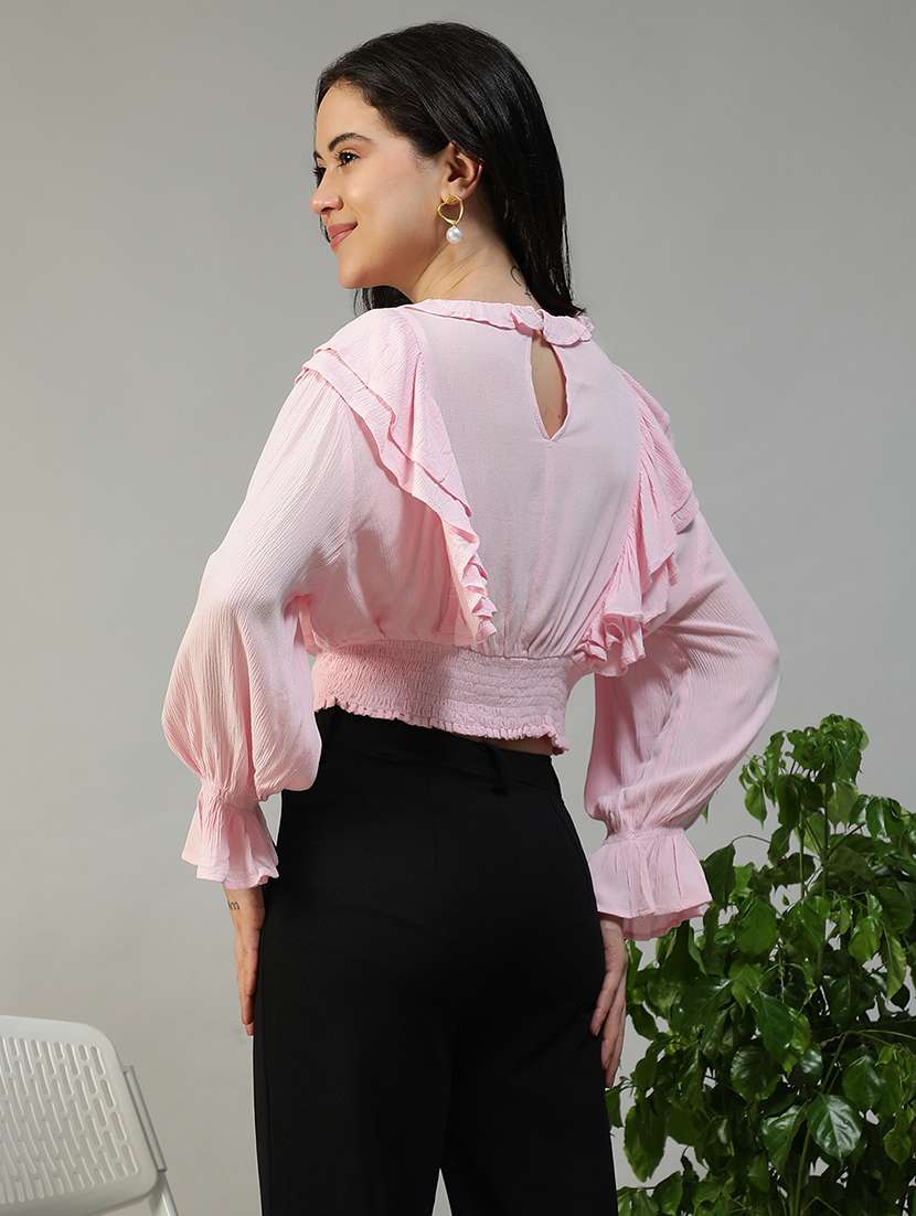 women solid long sleeve ruffle detailed crop top - 22082639 -  Standard Image - 3