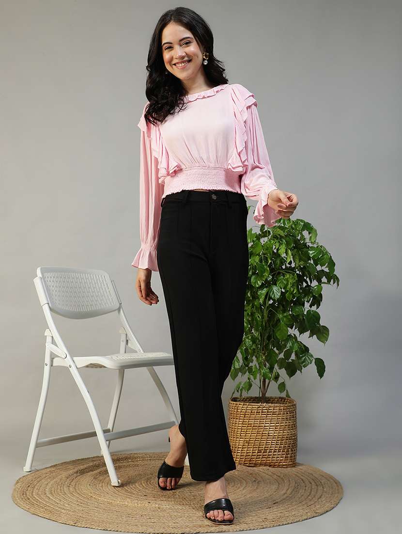 women solid long sleeve ruffle detailed crop top - 22082639 -  Standard Image - 5