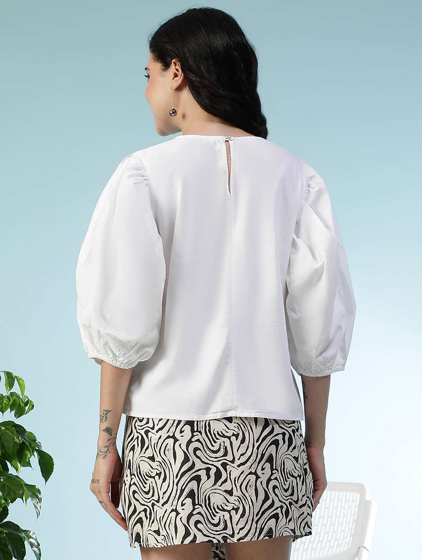 women white solid puff sleeve regular fit top - 22082640 -  Standard Image - 3