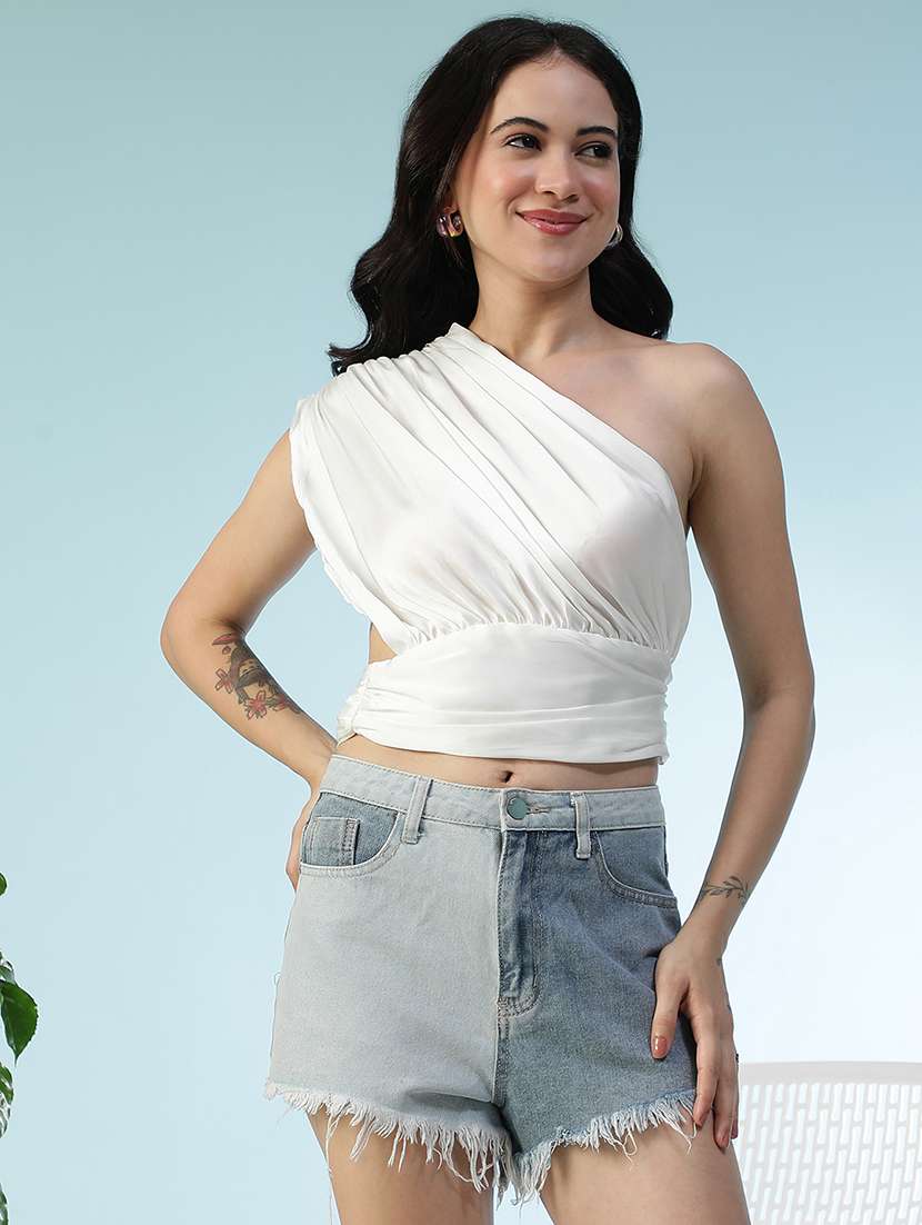 women white solid single shoulder crop top
