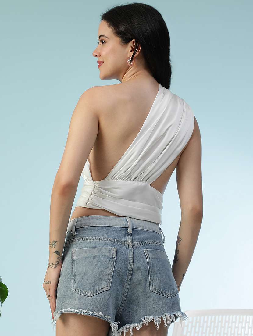 women white solid single shoulder crop top - 22082642 -  Standard Image - 3