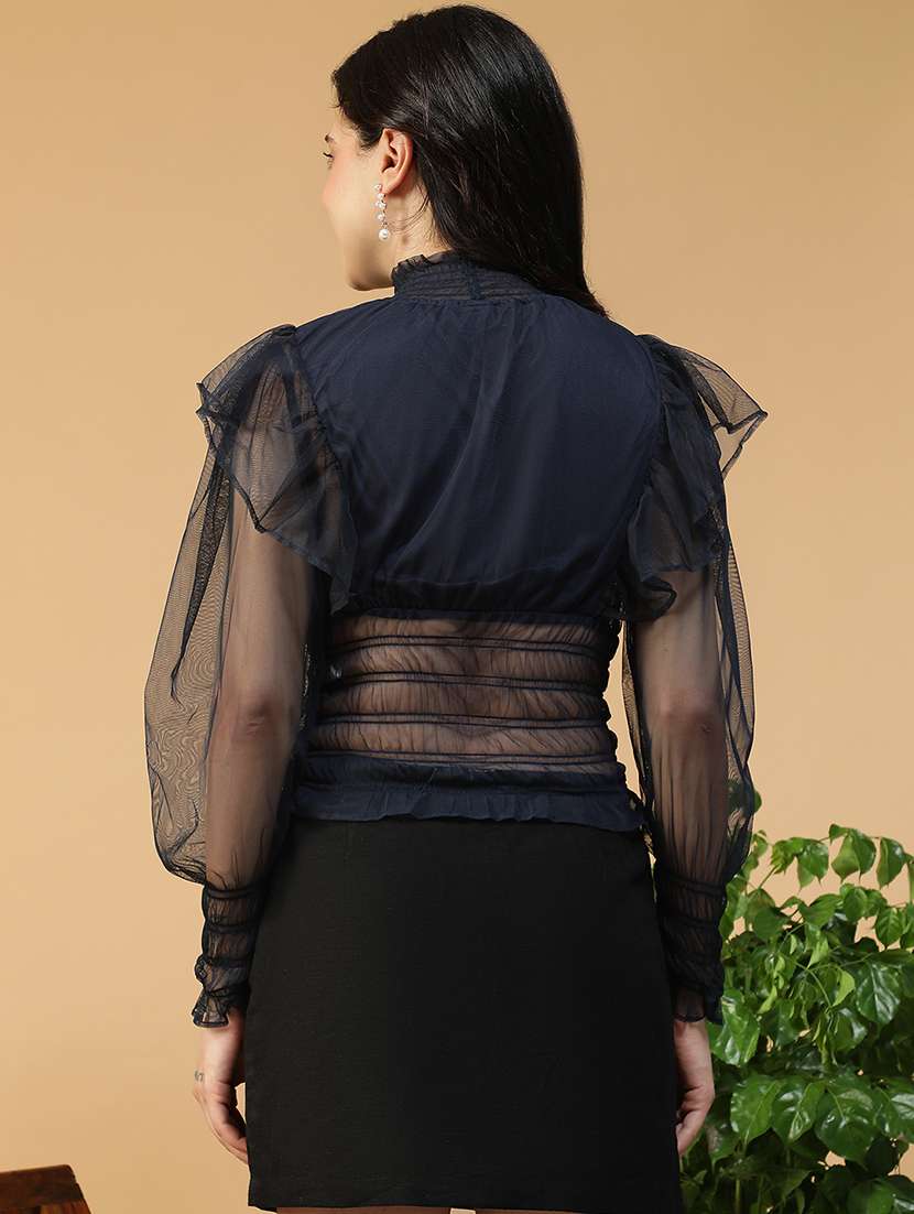 women black solid puff sleeve smocked ruffle top - 22082643 - Standard Image - 3
