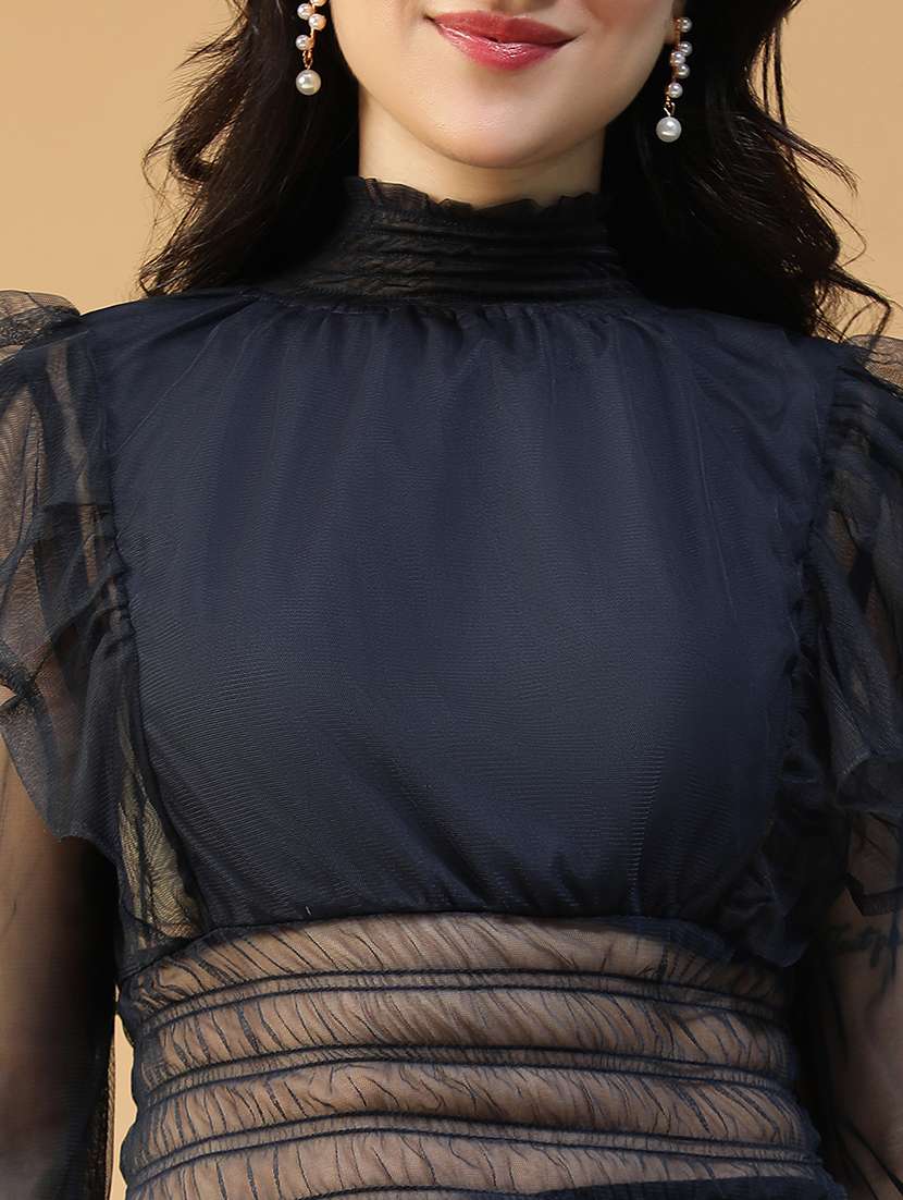 women black solid puff sleeve smocked ruffle top - 22082643 - Standard Image - 5