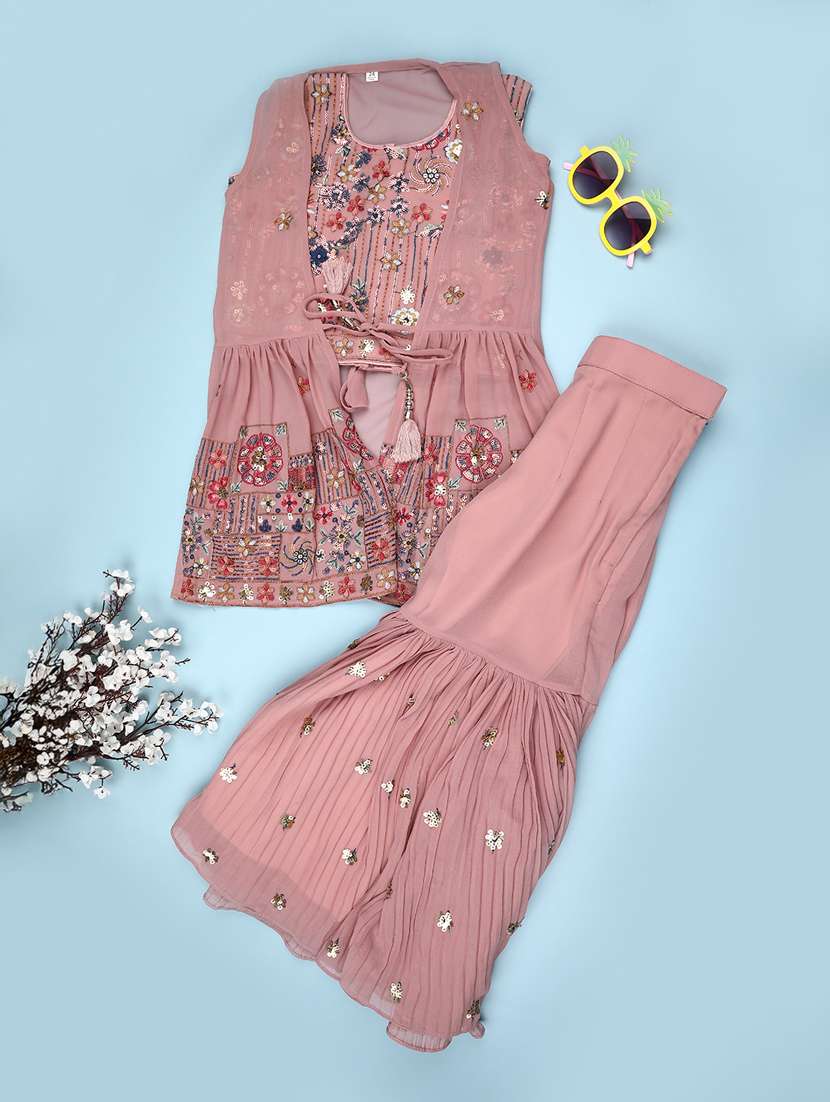 girls solid with work sleeveless kurta sharara set 