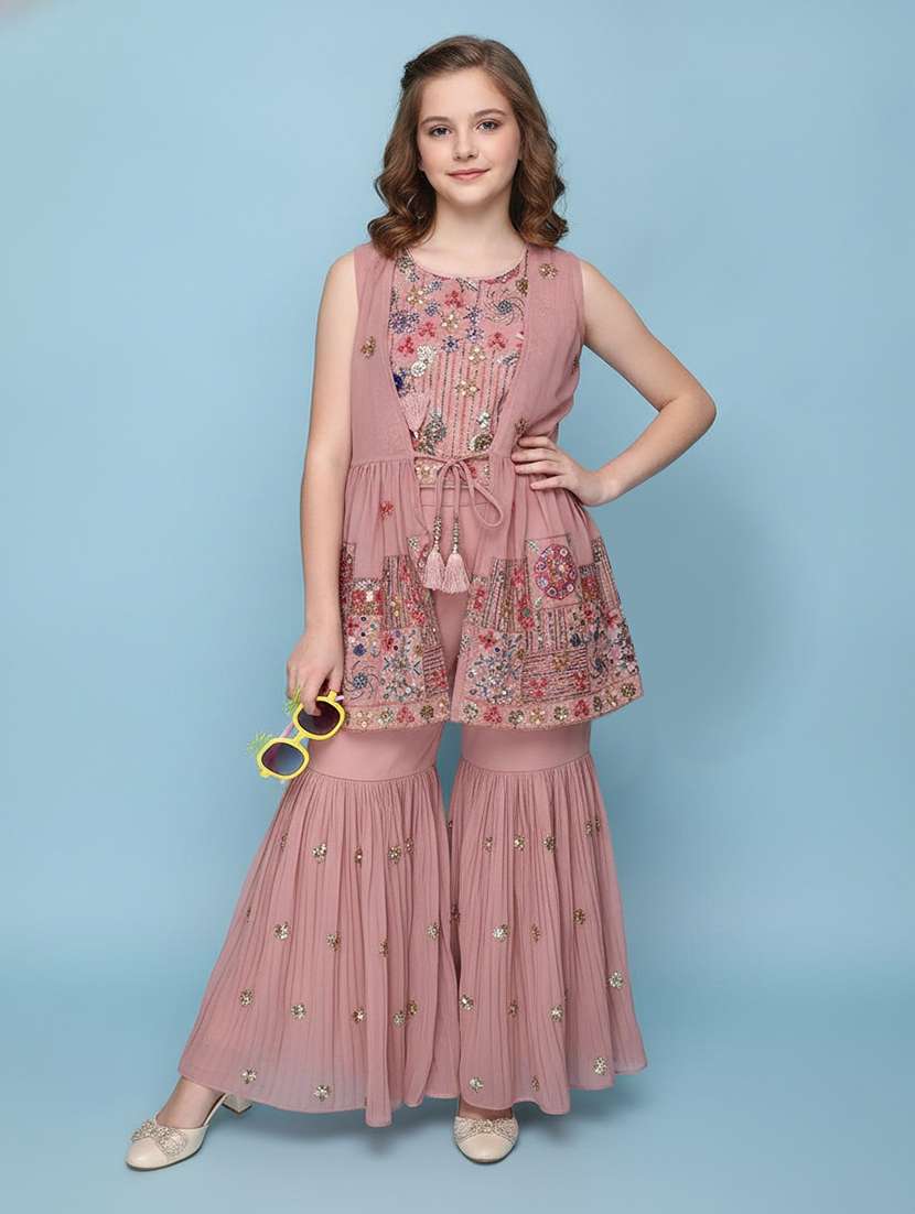girls solid with work sleeveless kurta sharara set 