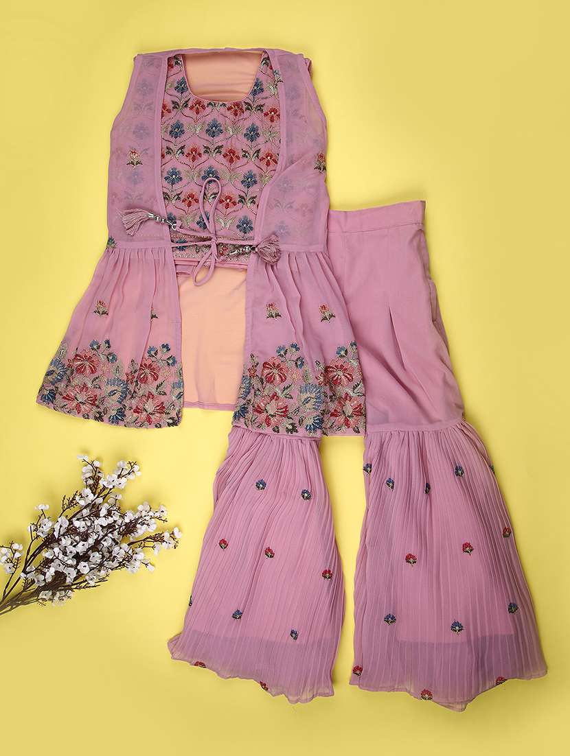 girls solid with work sleeveless kurta sharara set 