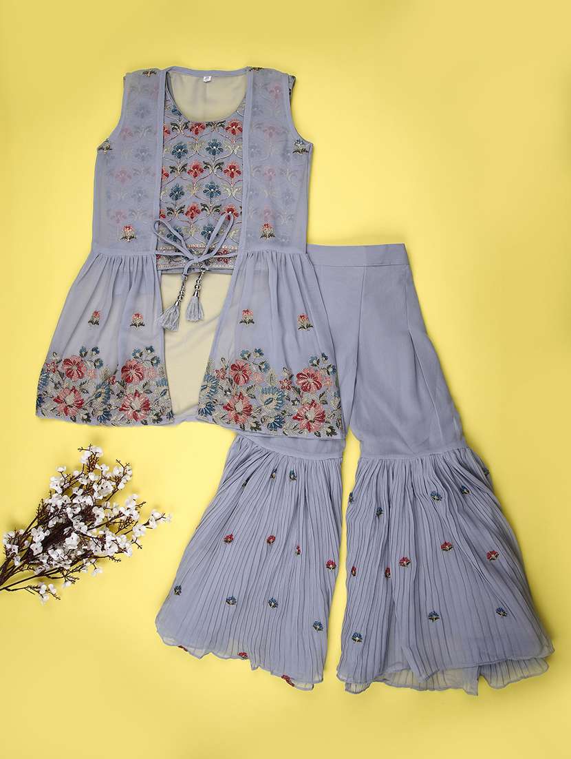 girls solid with work sleeveless kurta sharara set 