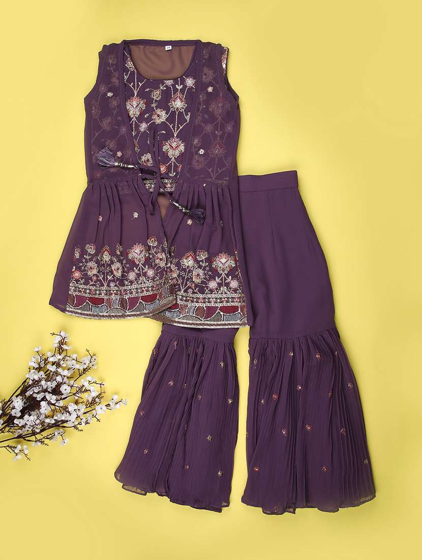 girls solid with work sleeveless kurta sharara set 