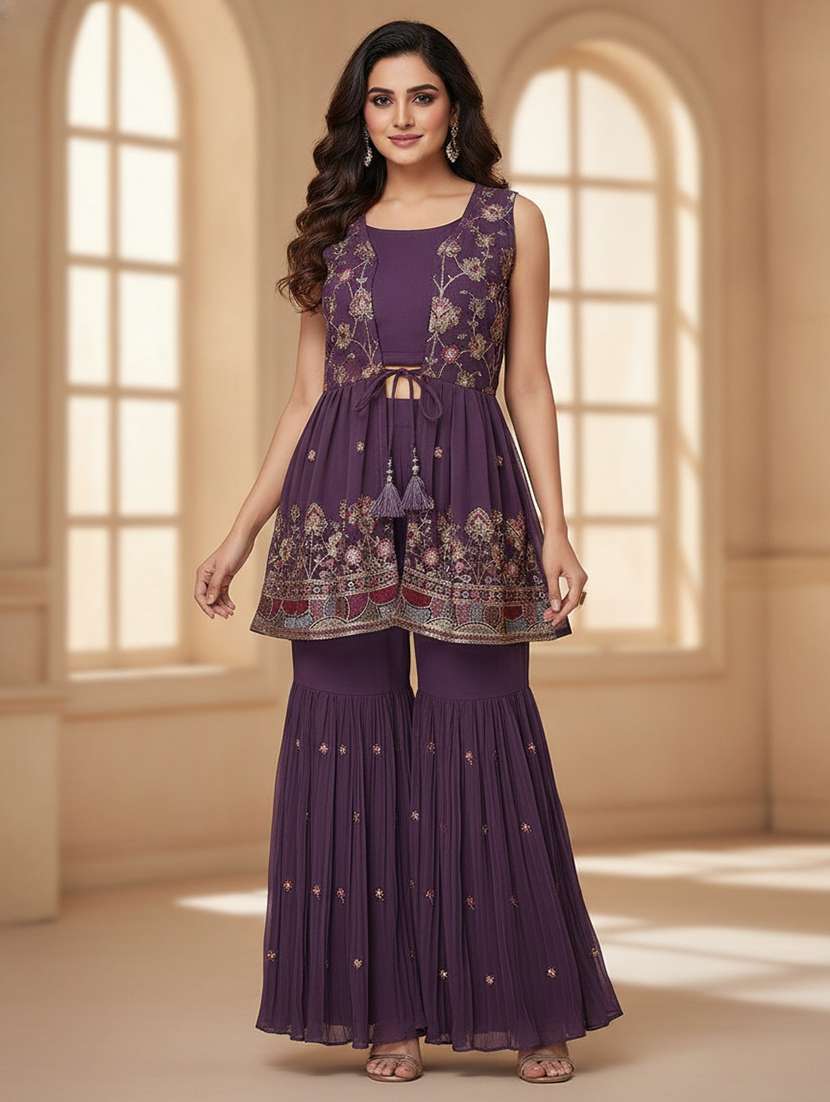 girls solid with work sleeveless kurta sharara set 