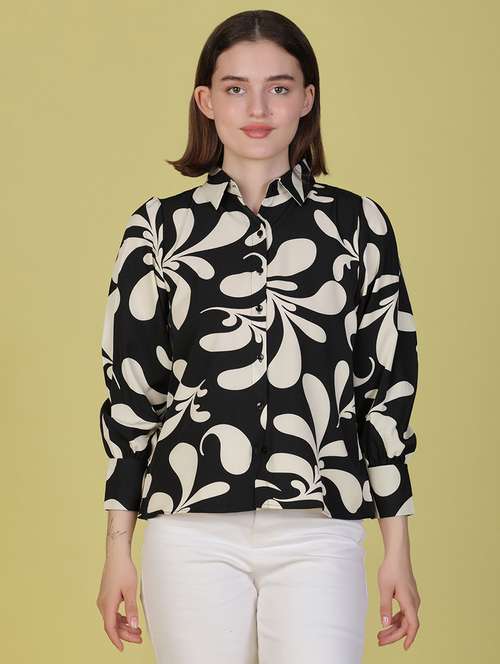 women printed puff sleeve collared shirt - 22082989 - Standard Image - 0