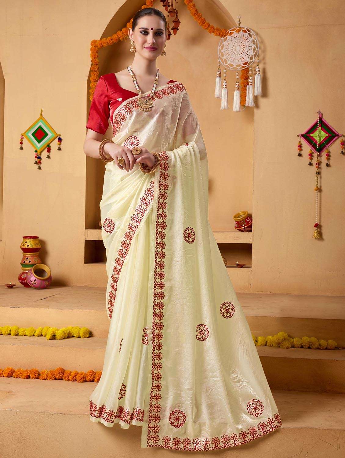 women solid with work embroidered saree with blouse