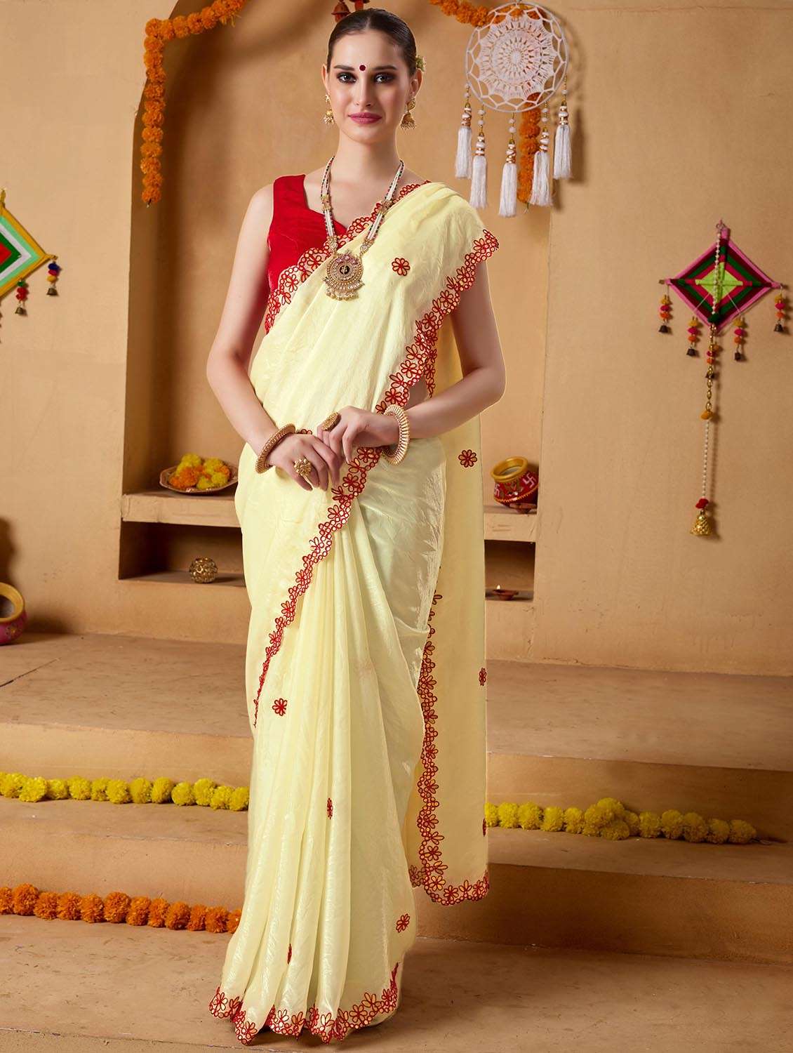 women solid with work embroidered saree with blouse
