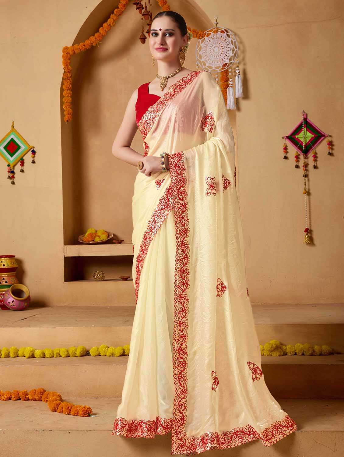 women solid with work embroidered saree with blouse