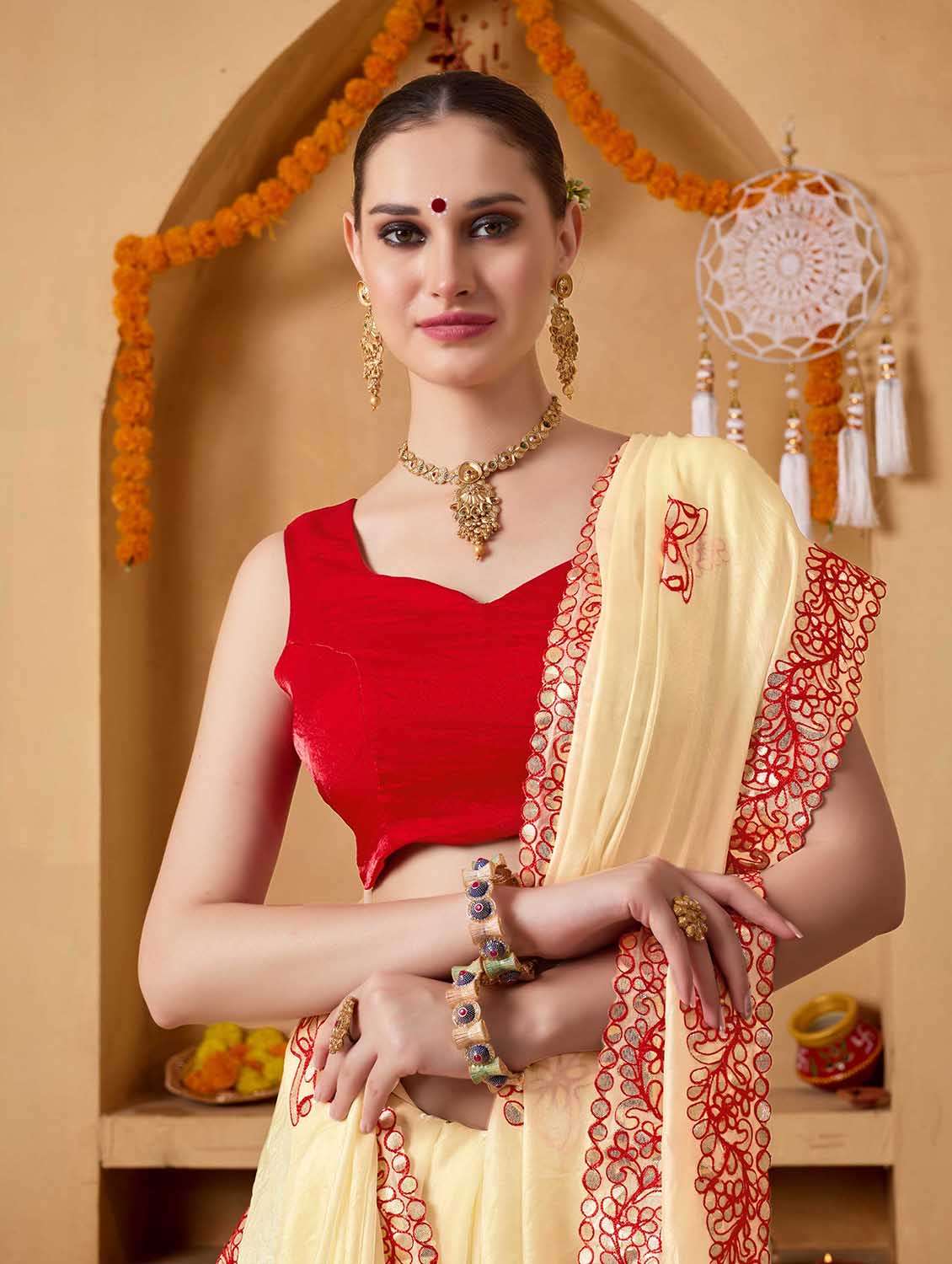 women solid with work embroidered saree with blouse - 22083008 -  Standard Image - 3