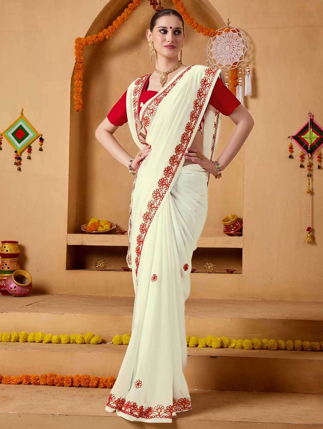 women solid with work embroidered saree with blouse