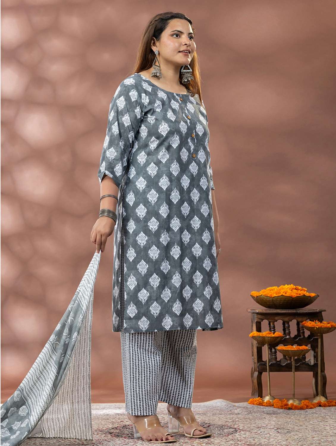 women printed three quarter sleeve kurta pant with dupatta set - 22083099 -  Standard Image - 3