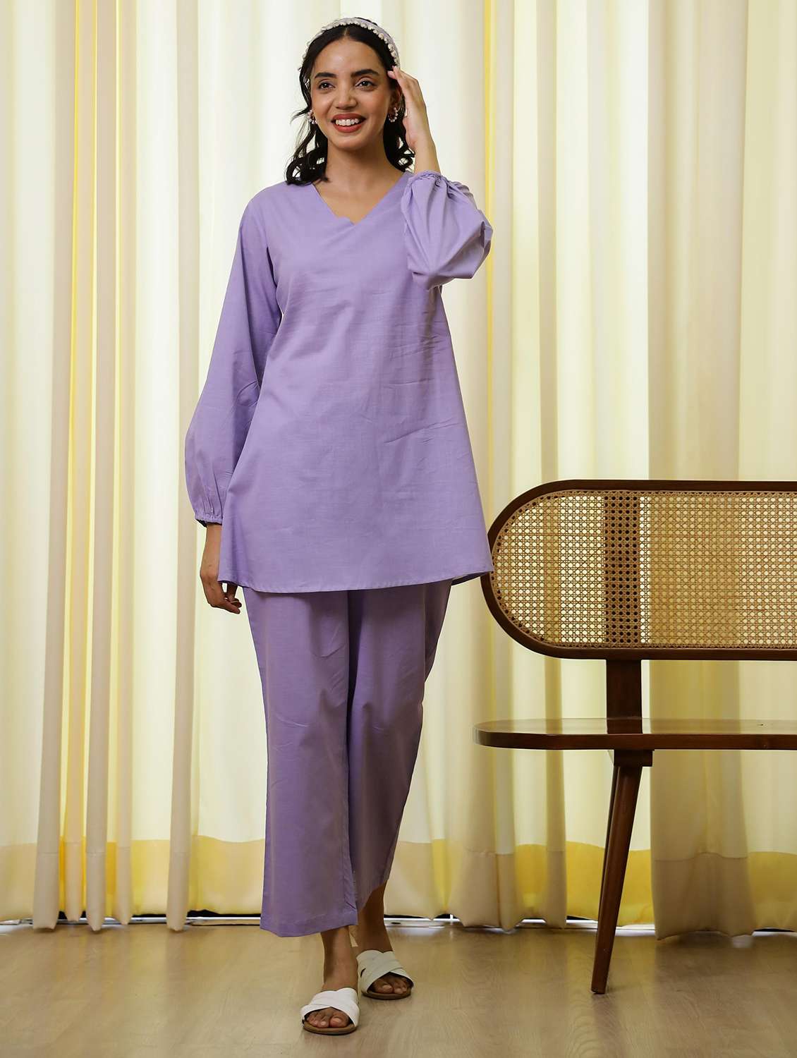 women solid long sleeve ethnic co-ord set