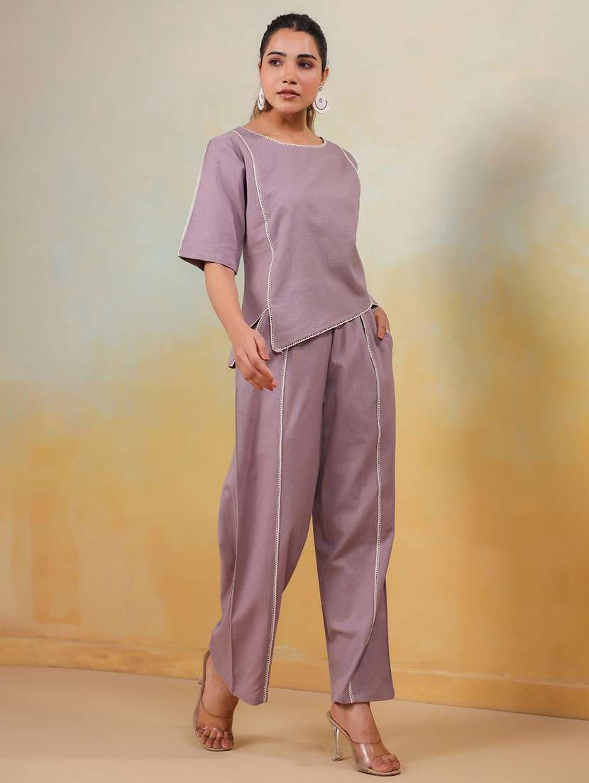 women solid short sleeve top & trouser co-ord set