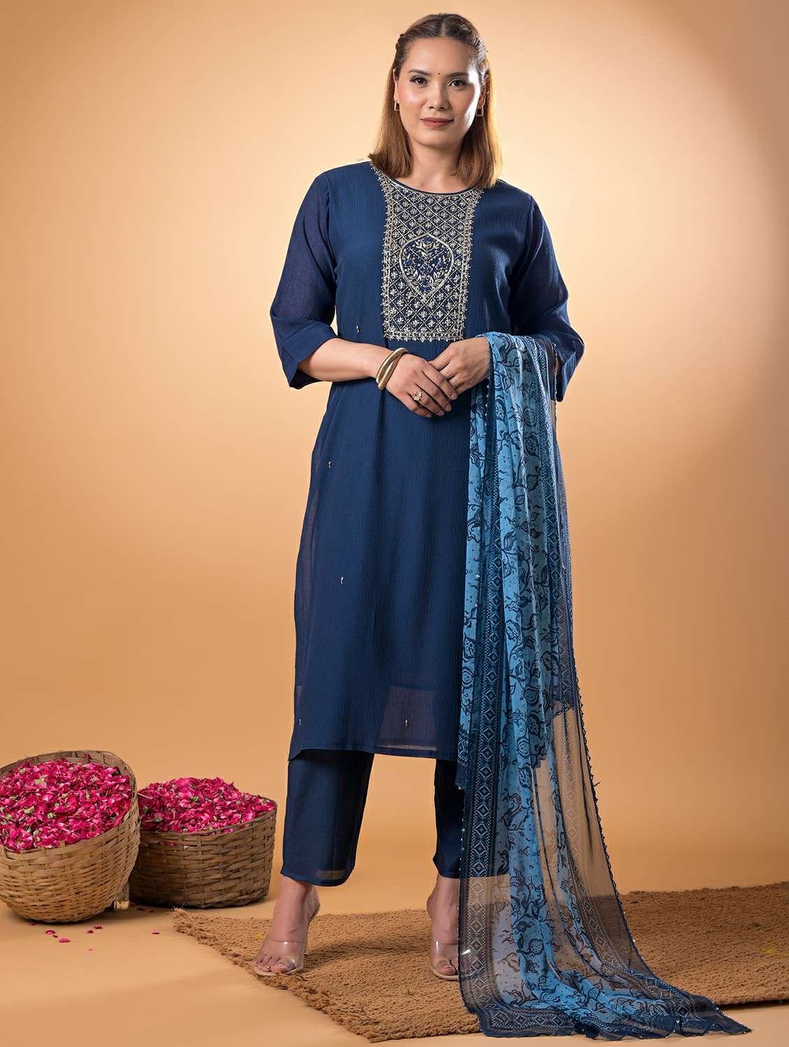 women embroidered three quarter sleeve kurta pant with dupatta set
