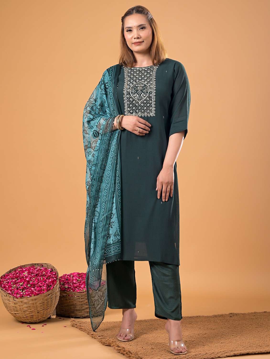 women embroidered three quarter sleeve kurta pant with dupatta set