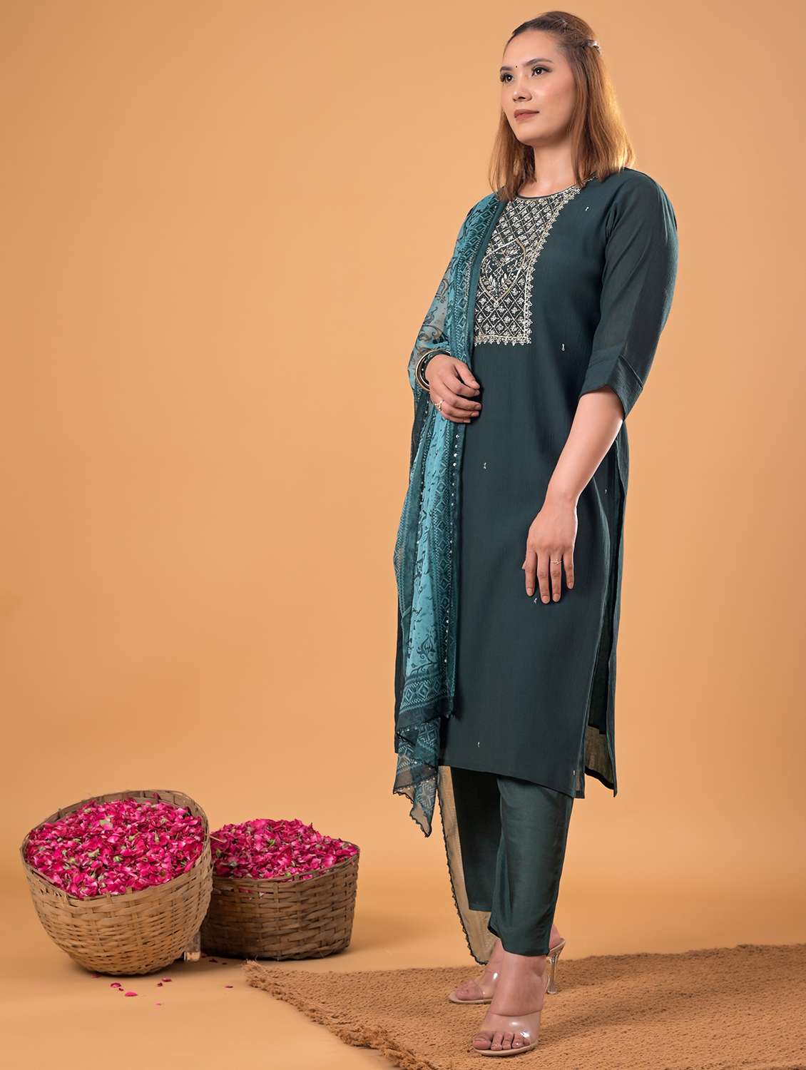 women embroidered three quarter sleeve kurta pant with dupatta set - 22083115 -  Standard Image - 3