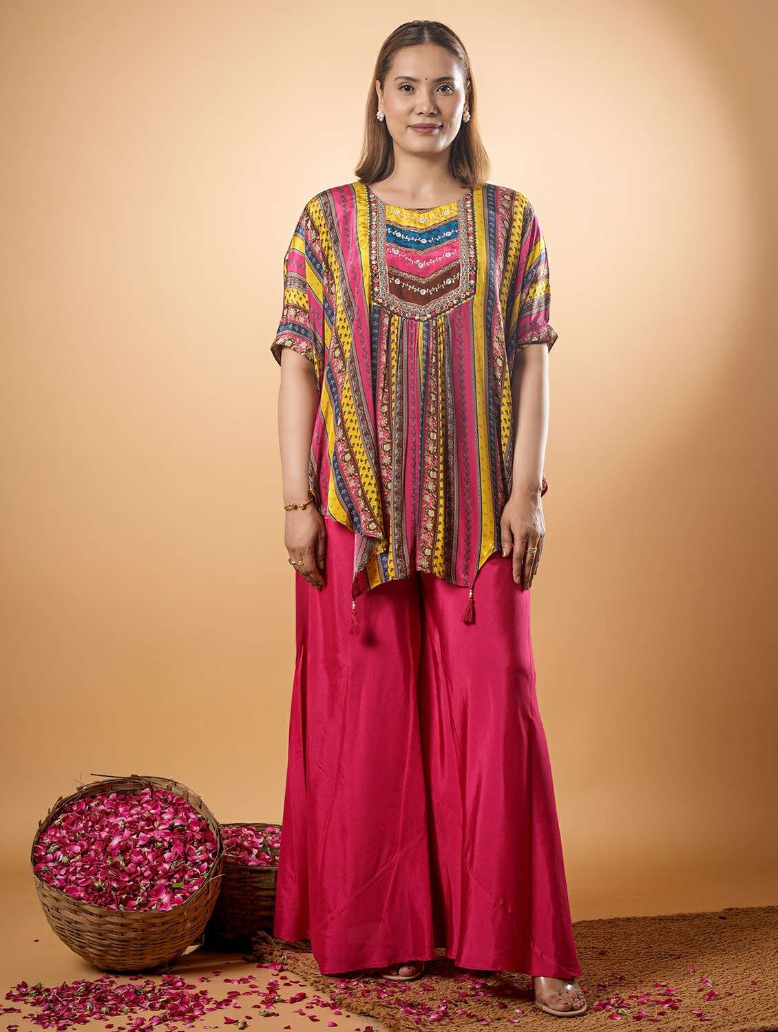 women printed kimono sleeve ethnic co-ord set