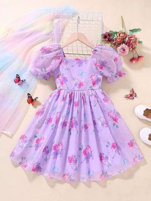 girls floral print puff sleeve flared dress - 22083159 - Standard Image - 0
