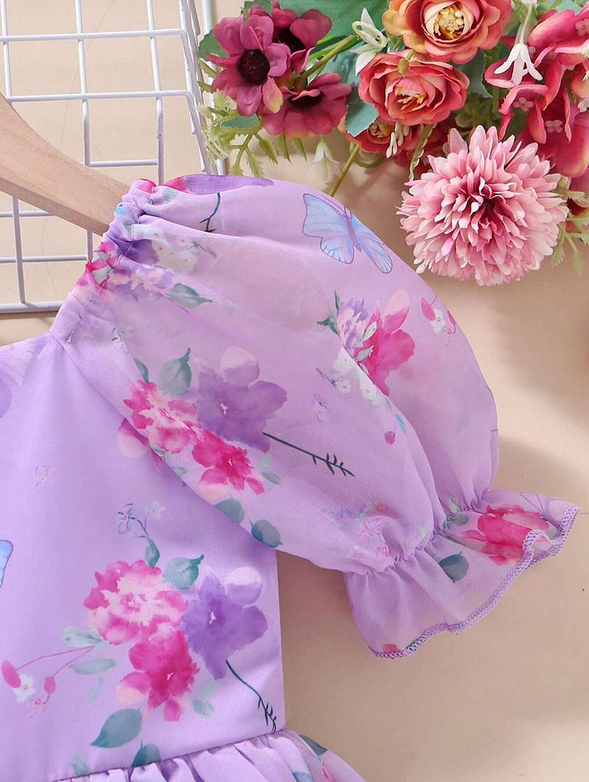 girls floral print puff sleeve flared dress - 22083159 - Standard Image - 3