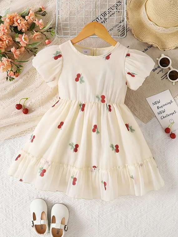 girls printed puff sleeve flared dress - 22083161 -  Zoom Image - 0