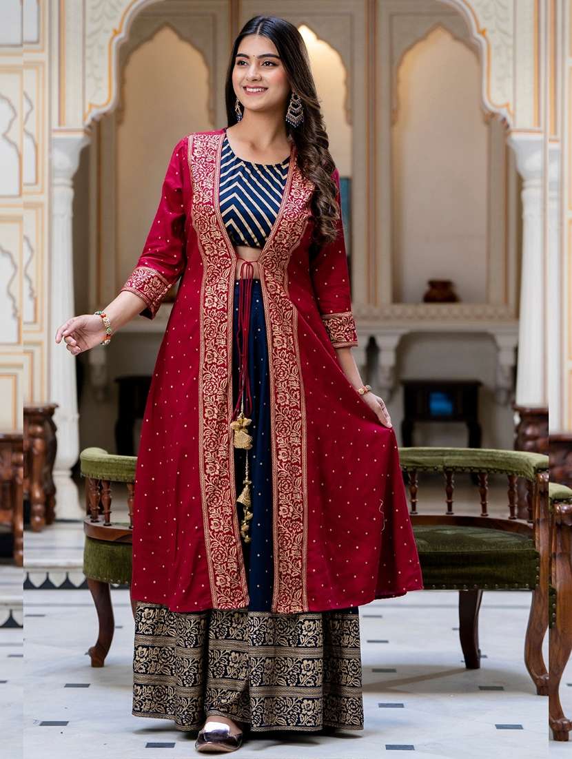 women foil printed skirt top with long jacket set