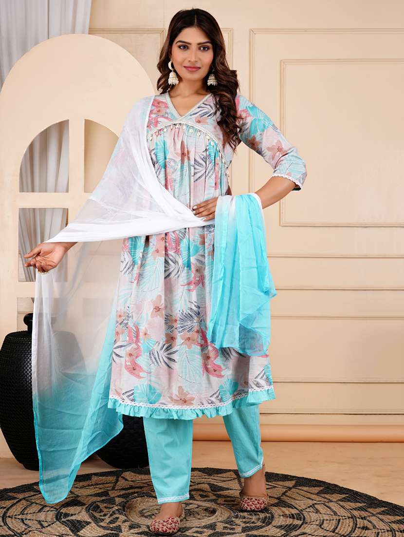 women floral three quarter sleeve kurta pant with dupatta set