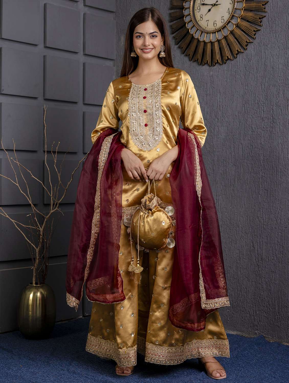 women embroidered three quarter sleeve kurta sharara with dupatta set - 22083222 -  Zoom Image - 0
