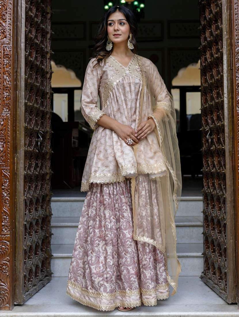 women embroidered three quarter sleeve kurta sharara with dupatta set - 22083223 - Standard Image - 3