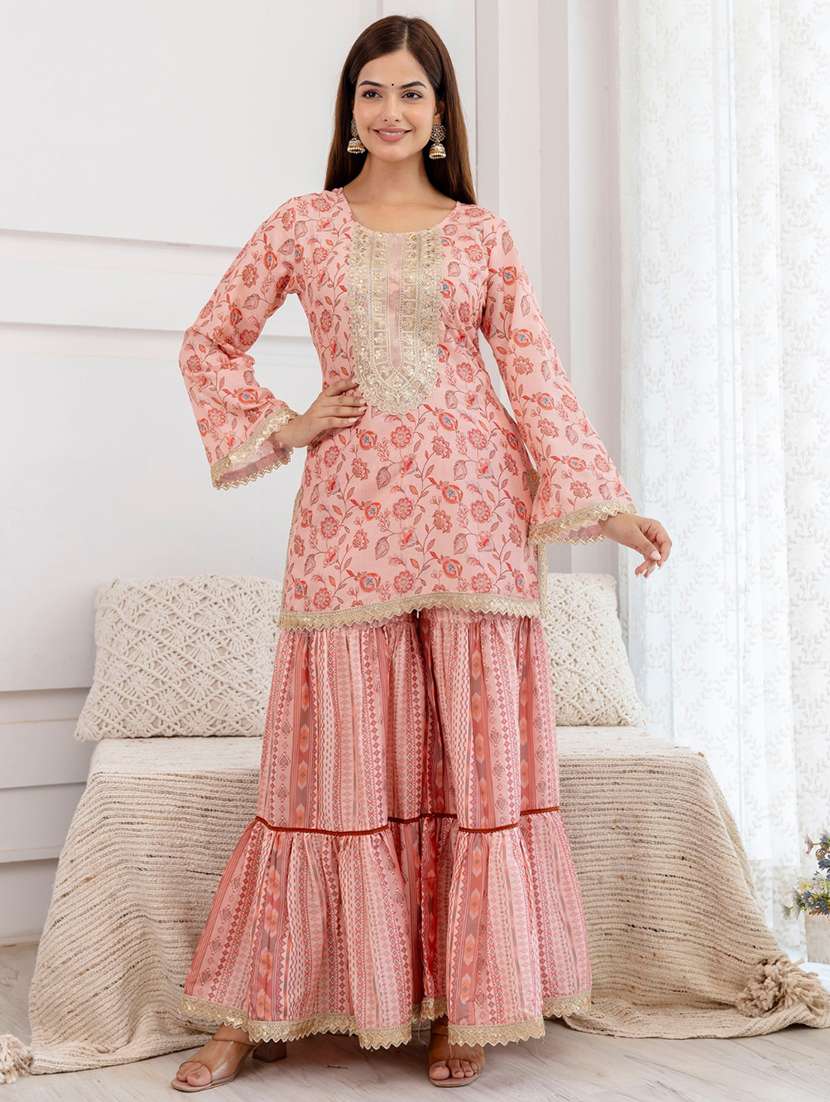women embroidered long sleeve kurta sharara with dupatta set - 22083224 -  Standard Image - 3