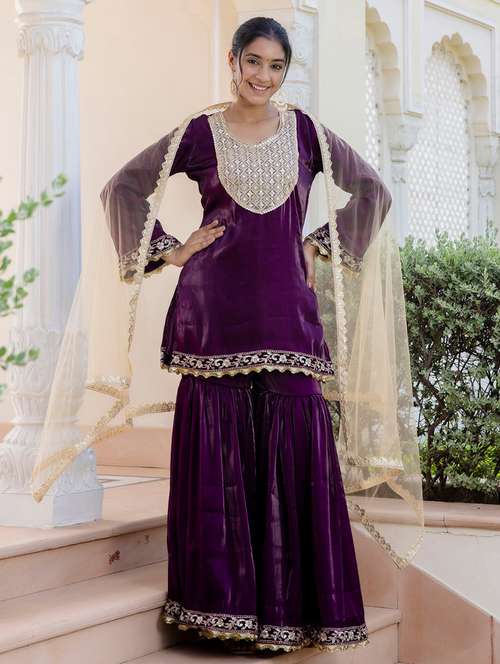 women embroidered long sleeve kurta sharara with dupatta set - 22083225 -  Standard Image - 0