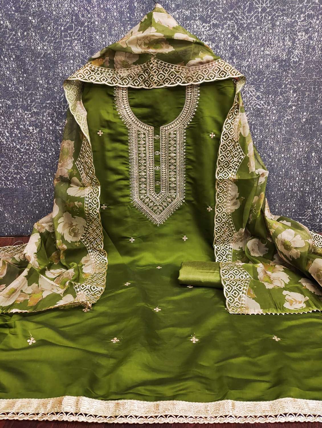green cotton blend unstitched suit