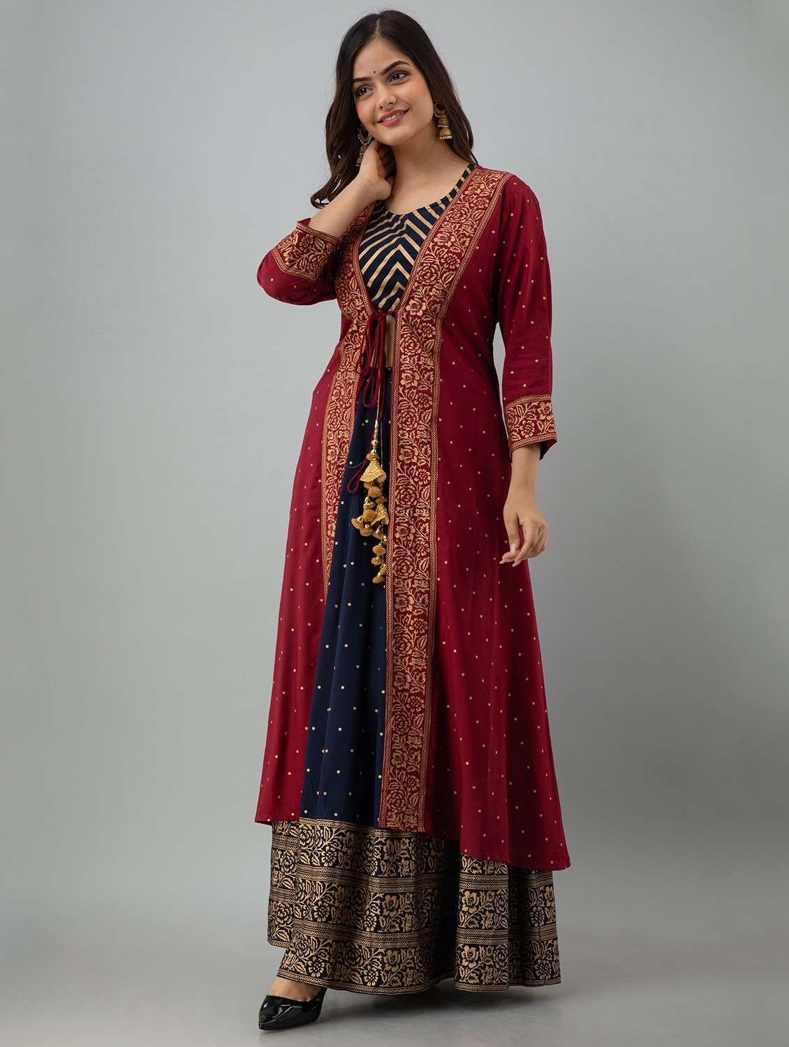 women foil printed skirt top with long jacket set - 22083307 -  Zoom Image - 0