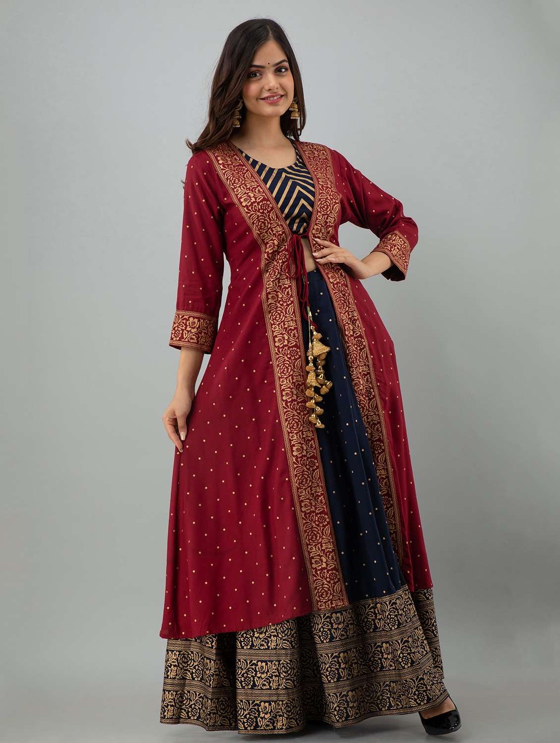 women foil printed skirt top with long jacket set - 22083307 -  Standard Image - 3