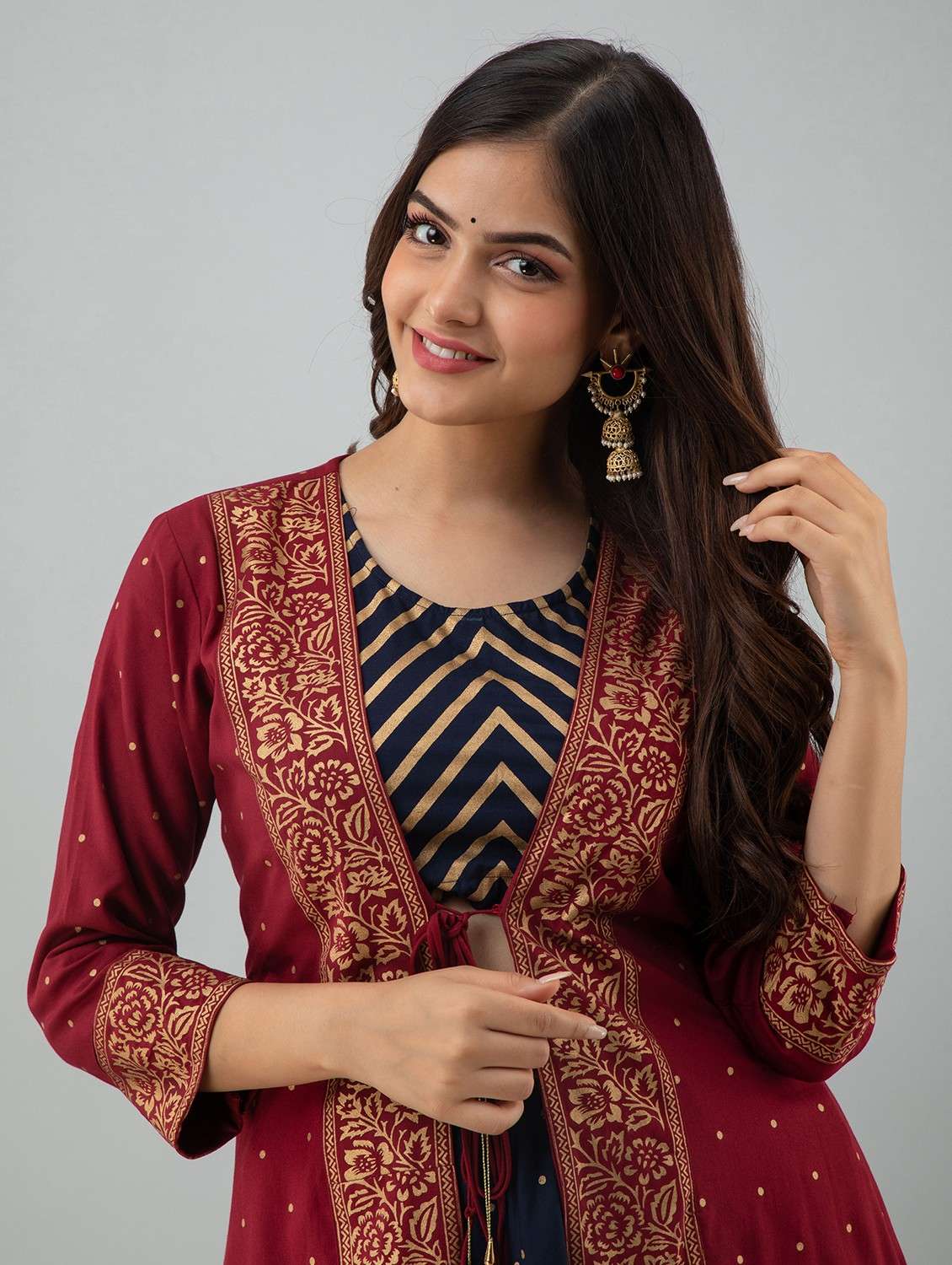 women foil printed skirt top with long jacket set - 22083307 -  Standard Image - 5