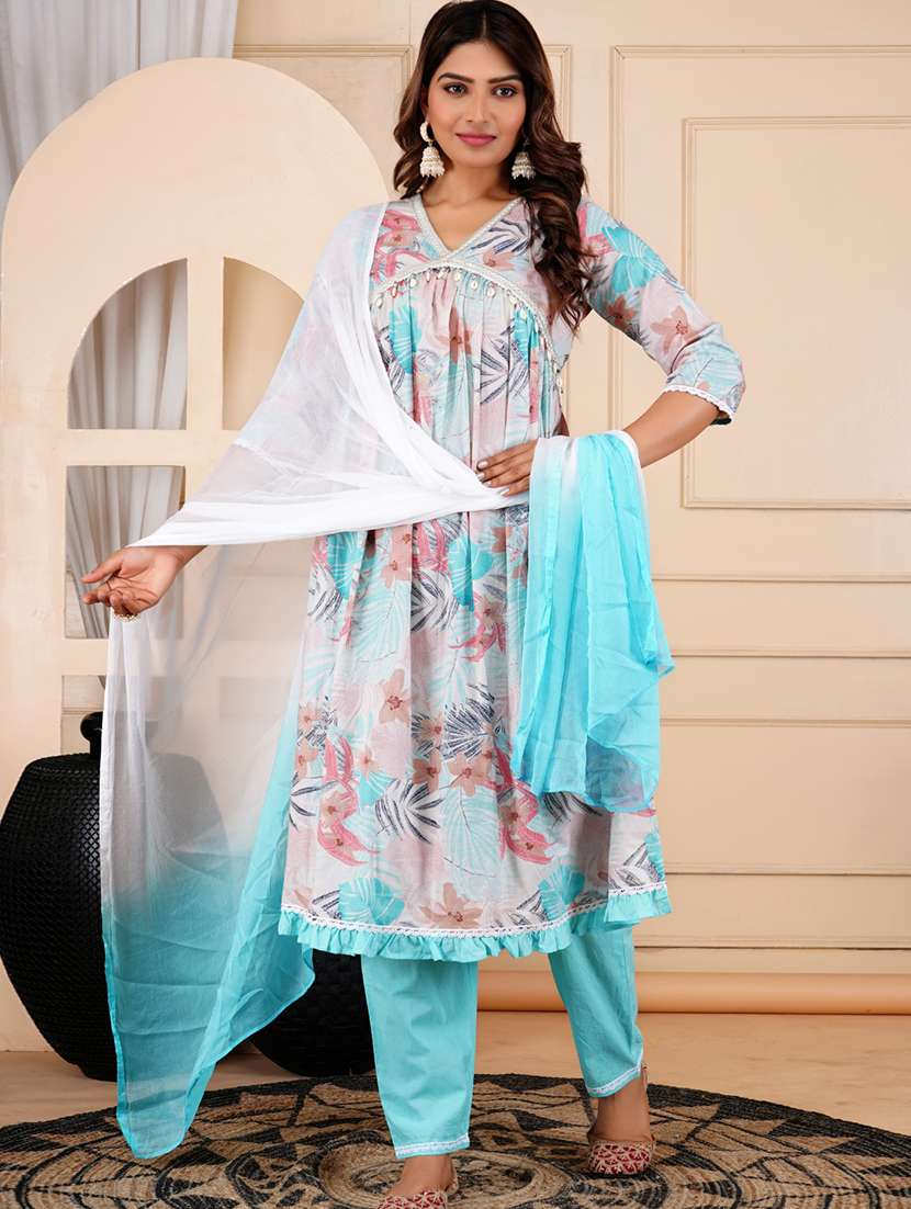 women floral three quarter sleeve kurta pant with dupatta set