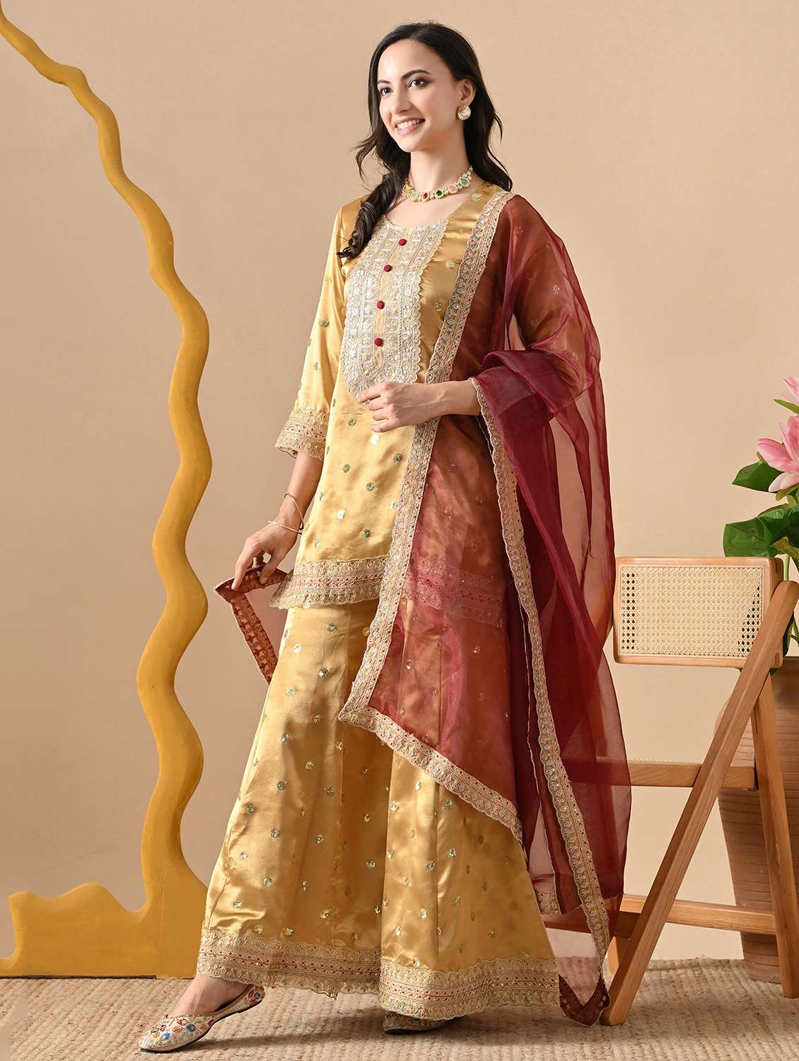 women embroidered three quarter sleeve kurta sharara with dupatta set - 22083310 -  Zoom Image - 0