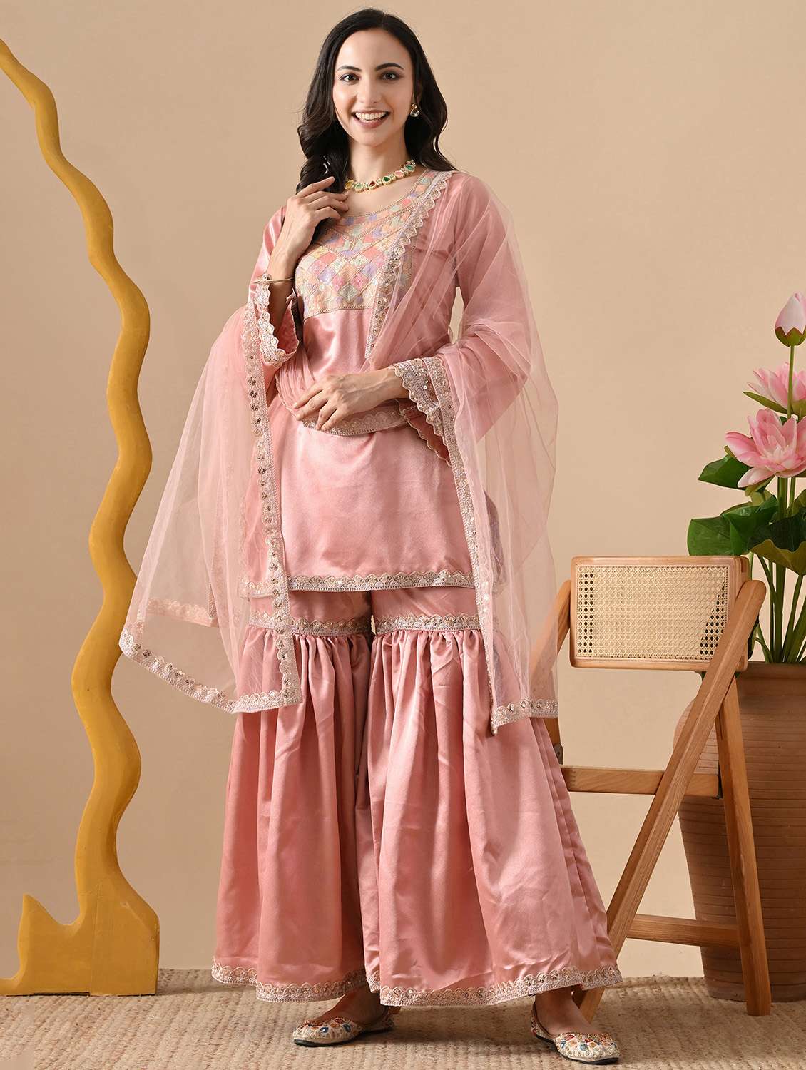 women embroidered long sleeve kurta sharara with dupatta set - 22083311 -  Zoom Image - 0