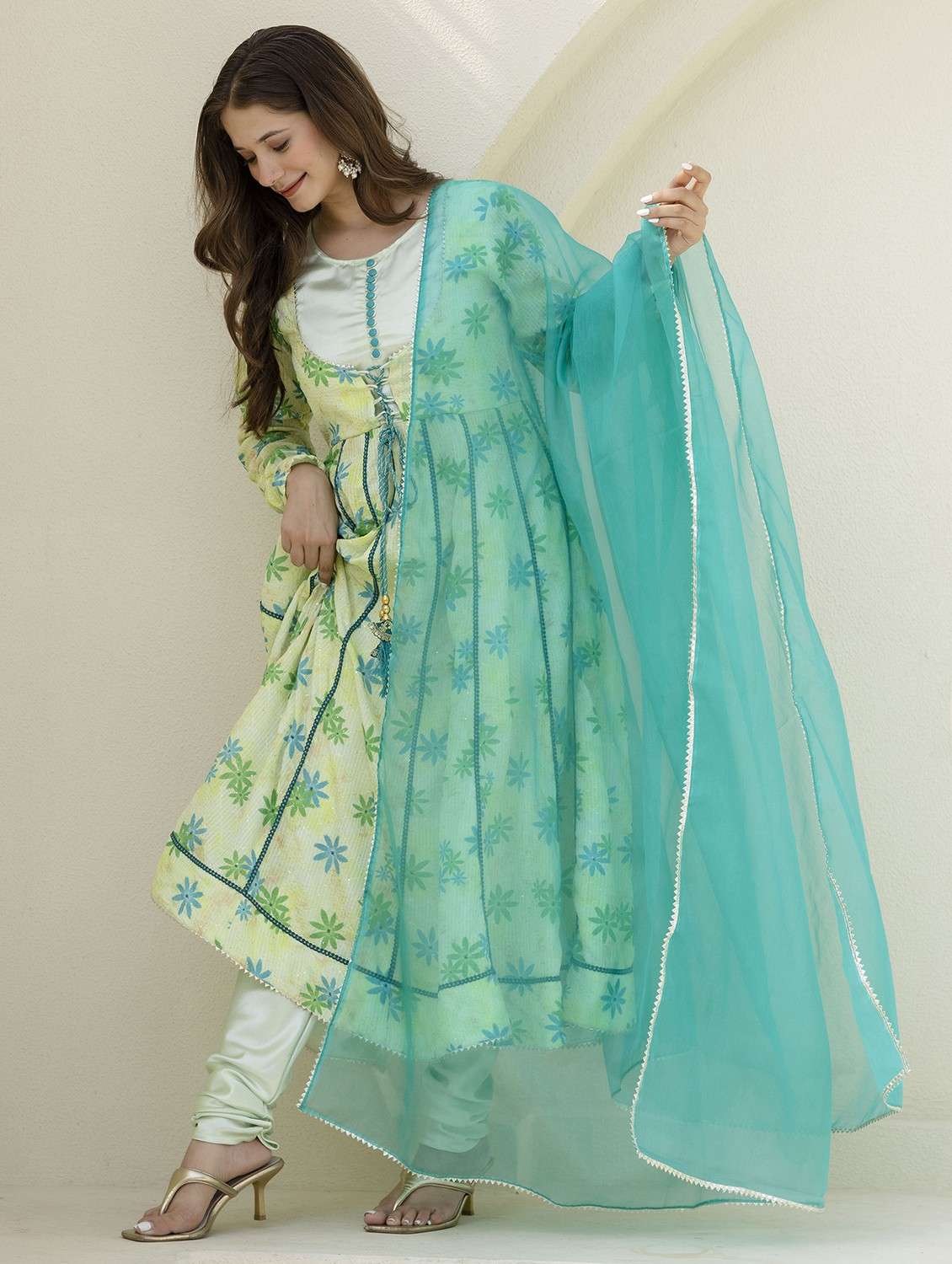 women embellished long sleeve kurta churidaar with dupatta set