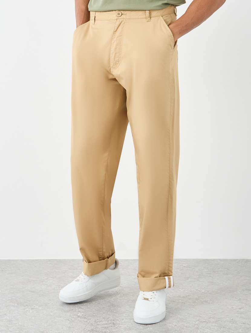 men solid mid rise flat front chinos trouser