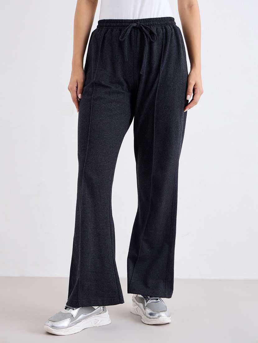 women solid high rise bootcut track pant