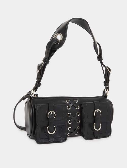 women black solid pu handbag - 22083478 - Standard Image - 0