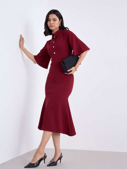 women maroon solid bell sleeve collared bodycon dress - 22083479 - Standard Image - 0