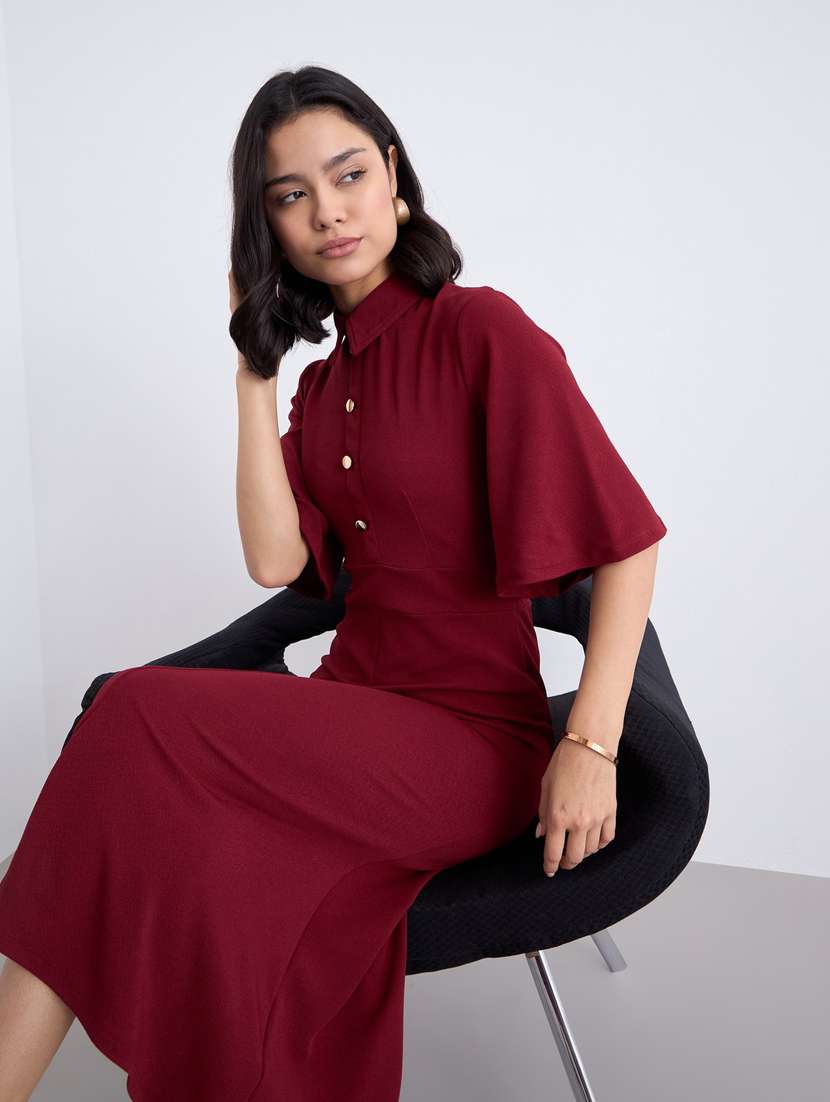 women maroon solid bell sleeve collared bodycon dress - 22083479 - Standard Image - 3