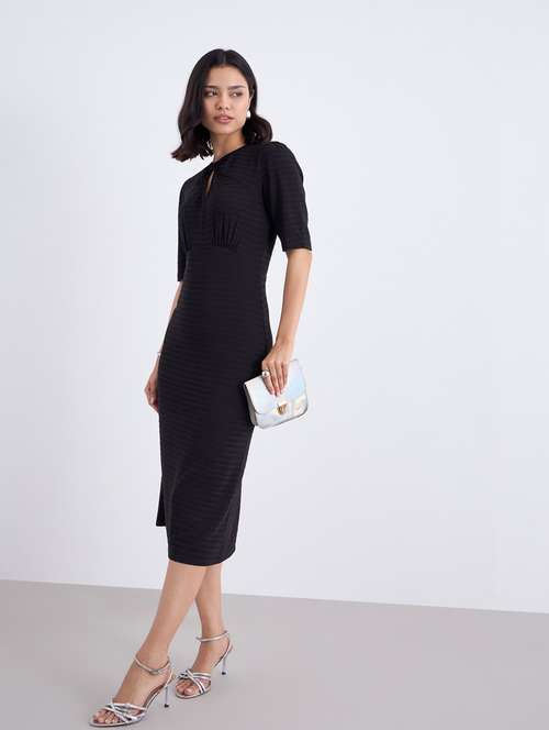 women black self designed puff sleeve sheath dress - 22083481 - Standard Image - 0