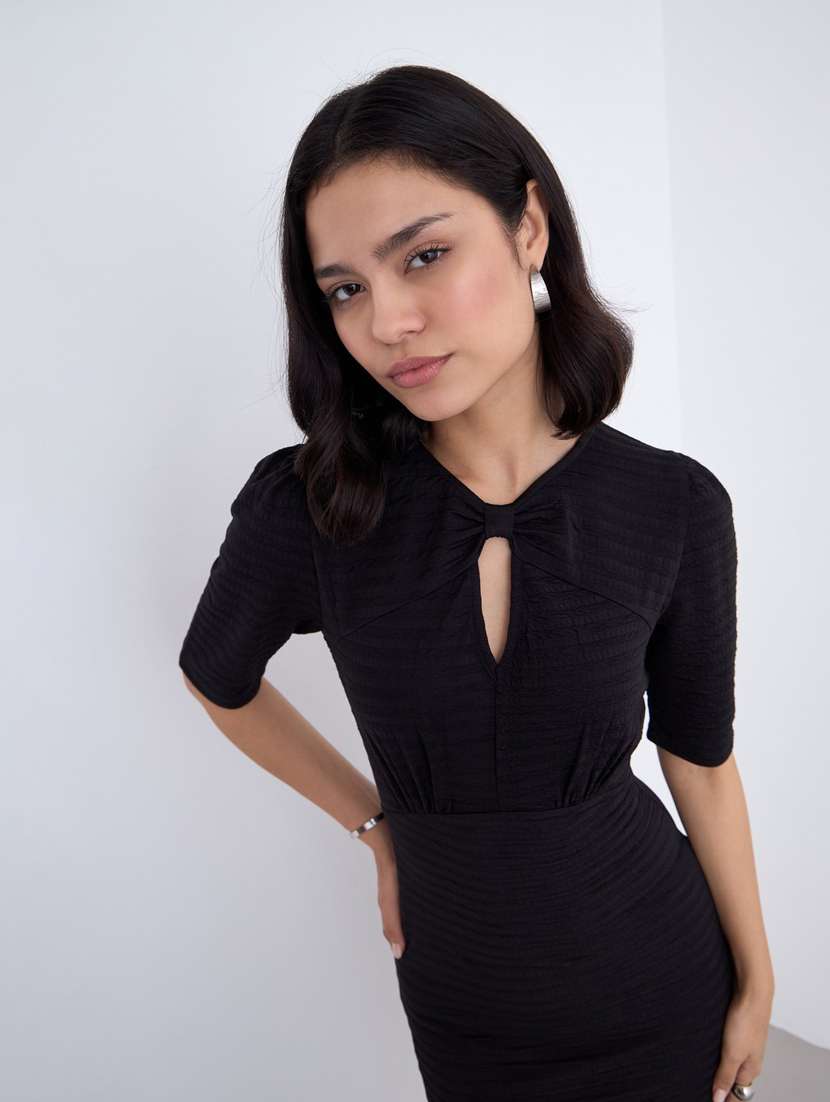 women black self designed puff sleeve sheath dress - 22083481 - Standard Image - 3